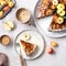 Homemade tarte tatin pie with apples and nuts on a beige background. French apple pie, selective focus.