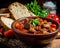 homemade tasty Hungarian goulash with beef fresh vegetables and bread.