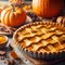 Homemade Thanksgiving pumpkin pie with lattice top fall recipe, food photography and illustration, generative ai