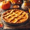 Homemade Thanksgiving pumpkin pie with lattice top fall recipe, food photography and illustration, generative ai