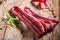 Homemade thin sausages in rural storeroom