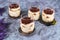 Homemade Tiramisu, coffee flavoured layered Italian mascarpone cheese dessert topped with cocoa in glasses