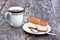 Homemade tiramisu on the table with coffee mug