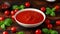 Homemade tomato Passata in white bowl on wooden table