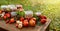 Homemade tomato preserves in glass jars and fresh tomatoes and herbs