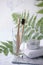 Homemade toothpaste in metal jar, bamboo bio-degradable, compostable toothbrush. White towels in a spa setting. Green plant decor