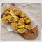 Homemade traditional japanese fried chicken Karaage on a rustic wooden board, top view. Flat lay, top view, from above. Closeup