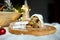 Homemade traditional marzipan Christmas Stollen on white background