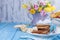 Homemade traditional pancakes with fruit and banana. Calorie food. European breakfast. American breakfast. Bright flowers of