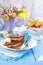 Homemade traditional pancakes with fruit and banana. Calorie food. European breakfast. American breakfast. Bright flowers of