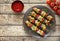 Homemade turkey or chicken meat shish kebab skewers with ketchup