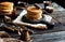 Homemade two stacks of pancakes on wooden boards with pouring honey and honey stick