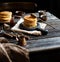 Homemade two stacks of pancakes on wooden boards with pouring honey and honey stick