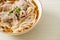 Homemade udon noodles with pork in soy or shoyu soup