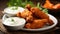 Homemade Vegan Buffalo Wings with Yogurt Dip. Vegetarian Buffalo Chicken Wings Ranch. AI Generative