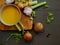 Homemade vegetable soup in a bowl medium overhead shot