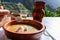 Homemade vegetables soup served with Canarian gofio flour based on local recipe of Masca village, Tenerife, Spain