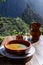 Homemade vegetables soup served with Canarian gofio flour based on local recipe of Masca village, Tenerife, Spain