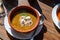 Homemade vegetables soup served with Canarian gofio flour based on local recipe of Masca village, Tenerife, Spain