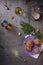 Homemade walnut cookies on dark old wooden table, white wine. Freshly baked coconut cookies on rustic background. Copy space, top