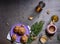 Homemade walnut cookies on dark old wooden table, white wine. Freshly baked coconut cookies on rustic background. Copy space, top.