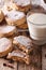 Homemade Welsh cakes with raisins and milk close-up. vertical