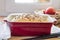 Homemade wheat bread with flax seeds in ceramic baking dish