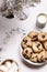 Homemade whisky and chocolate rye cookies and silver artificial Christmas tree