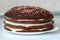 Homemade whole chocolate cake with chocolate icing and creamy filling on the plate