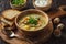 Homemade wild mushroom soup on wooden tray.