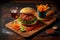 homemade wooden board with burger with cutlet and crispy fried bacon