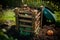 Homemade wooden compost bin in the garden. Recycling organic biodegradable material and household waste in compost.