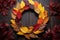 a homemade wreath with colorful autumn leaves