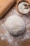 Homemade yeast dough freshly prepared for pizza or bread on wooden background