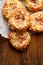 Homemade yeast sweet buns with rhubarb and crumble