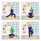 Homemade yoga physical activity, male character workout poster card set, asian practice flat vector illustration