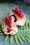 Homemade yummy yeast buns with red currants on a fern leaf