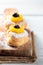 Homemade zeppole of Saint Joseph on rustic board