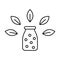 Homeopathic balls in bottle with leaf decor. Linear icon of herbal medicines. Black illustration for eco theme. Contour isolated