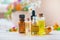 Homeopathy. Herbal extracts in small bottles. Selective focus