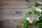 Homeopathy. Leaves of healing herbs, bottles and pills on wooden background top view copyspace