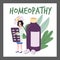 Homeopathy natural healing therapy banner or card, flat vector illustration.