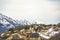 Homes along a paved mountain road against bright cloudy sky in winter