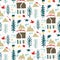 Homespun Winter Scene with Fir Tree an House Pattern. Seamless Background for Christmas Holidays Texture. Paper Cut Collage