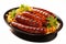 Homestyle food composition capturing the delicious combination of grilled sausages and served with generous plate of flu
