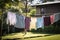 homewith freshly washed clothes hanging on the line, ready to dry