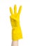 Homework, washing and cleaning of the theme: man\'s hand holding a yellow and wears rubber gloves for cleaning isolated on white ba