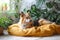 Homey scene Cute dog rests on bed, surrounded by plants