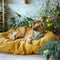 Homey scene Cute dog rests on bed, surrounded by plants