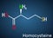 Homocysteine biomarker molecule. It is a sulfur-containing non-proteinogenic amino acid. Structural chemical formula on the dark